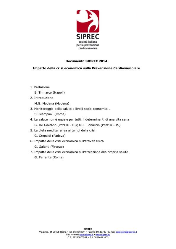 Impatto della crisi economica sulla Prevenzione Cardiovascolare