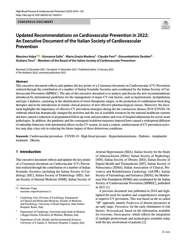 Le Raccomandazioni aggiornate sulla prevenzione cardiovascolare nel 2022